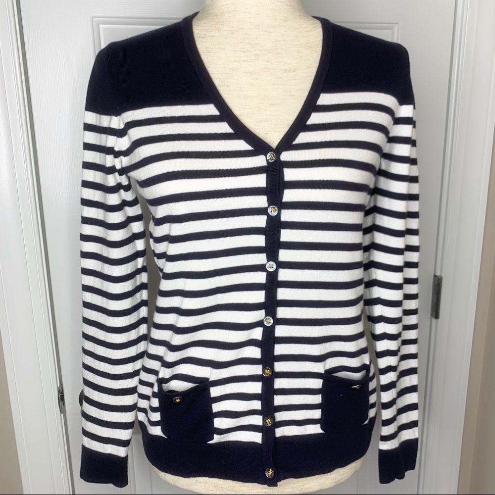 J. McLaughlin Navy White Stripe Cardigan Sweater S